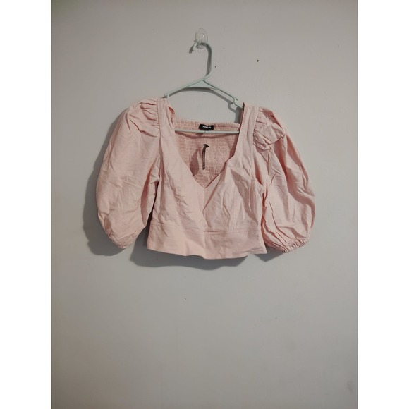 Express Tops - Express Womens Light Pink Puff Sleeve V-Neck Linen Blend Crop Top Size Small